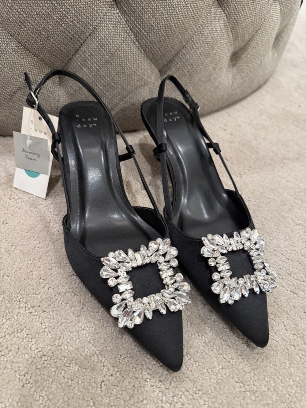 a new day Black Satin Pointed Slingback Heels with Crystal Buckle
